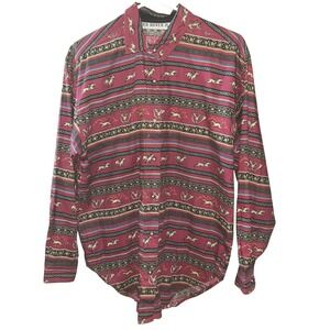 Red Rover Vintage Equestrian Horse Fox Hunt Print Cotton Button Down Mens M